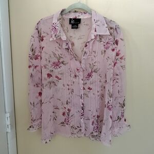 KS Collection 18 Button Up Sheer Floral Pink Blouse Vacation Feminine Light Airy